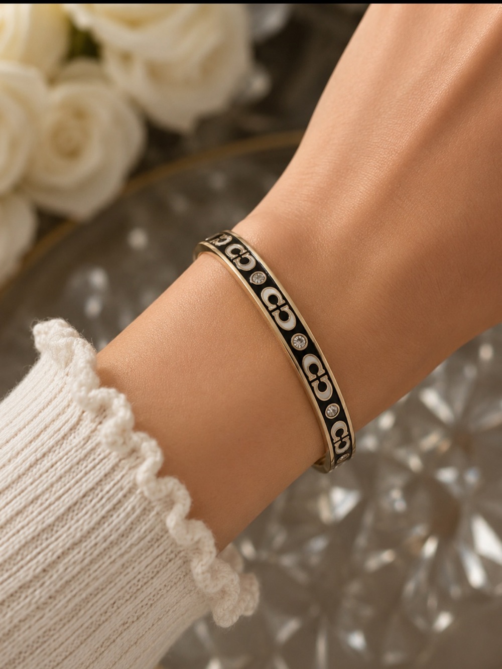 Coach Signature C Black Enamel Crystal Hinged Bangle Bracelet Gold Tone